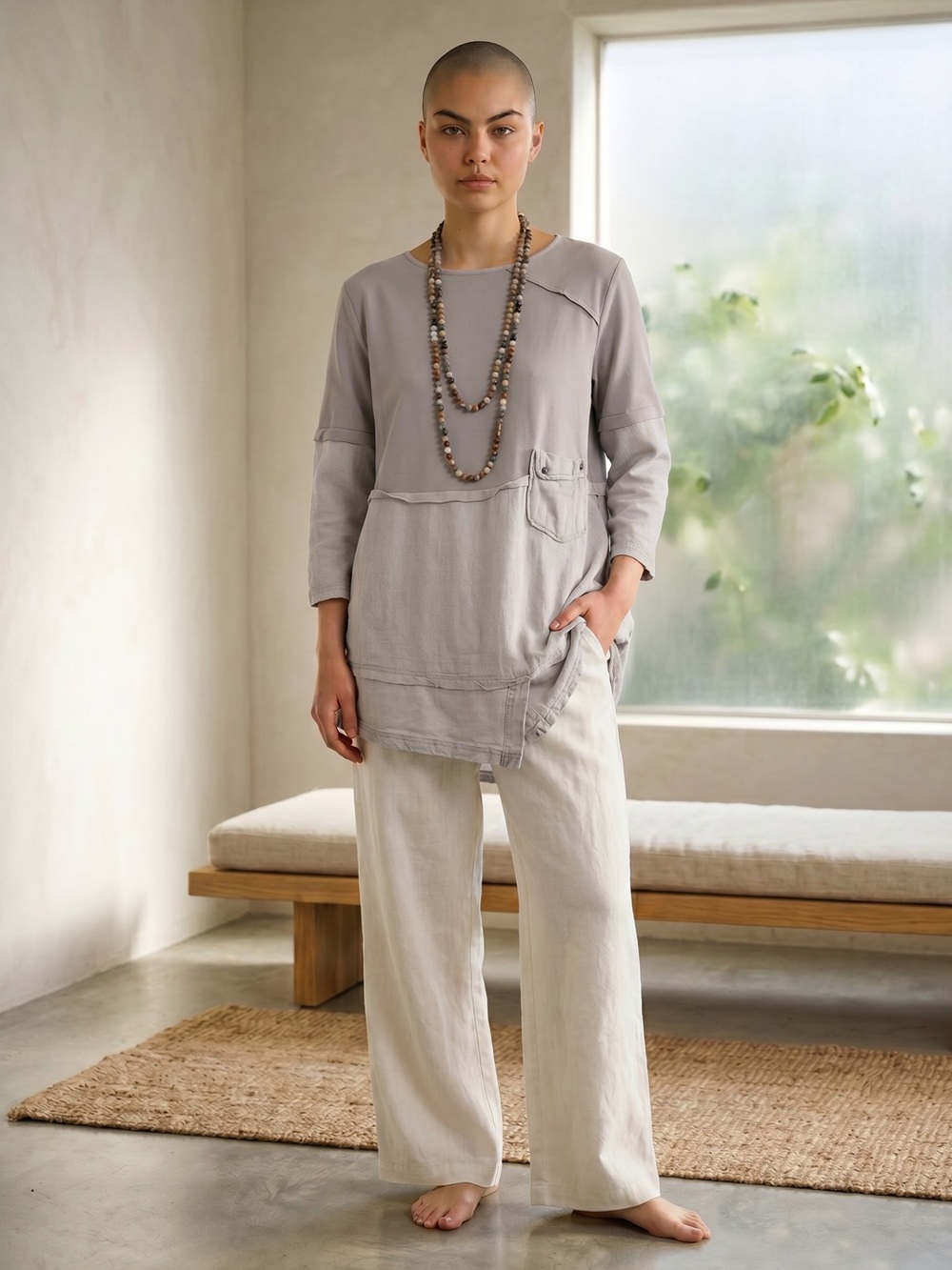 Japanese Lagenlook Gray Asymmetrical Tunic Top L Layered Pocket Artsy